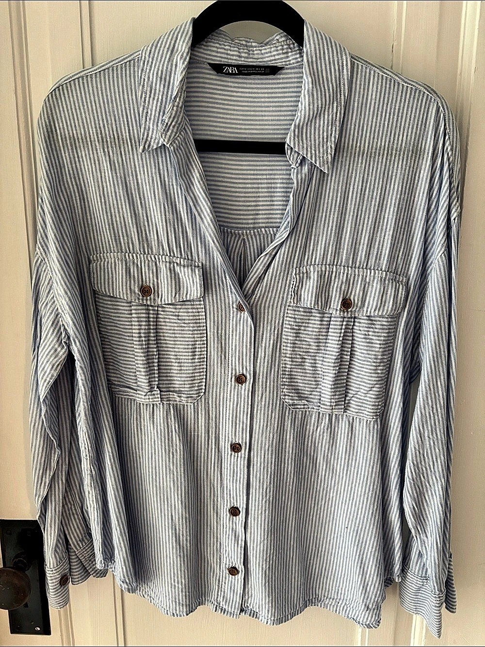Zara Striped Linen Blend Striped Button Down Shirt in Blue & White